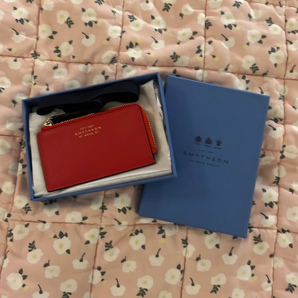 Smythson card wallet in bright red. In box, never used.